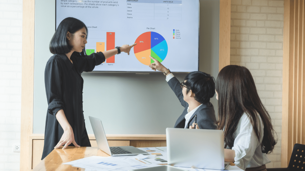 a group of people in a meeting room looking at a presentation on a large screen