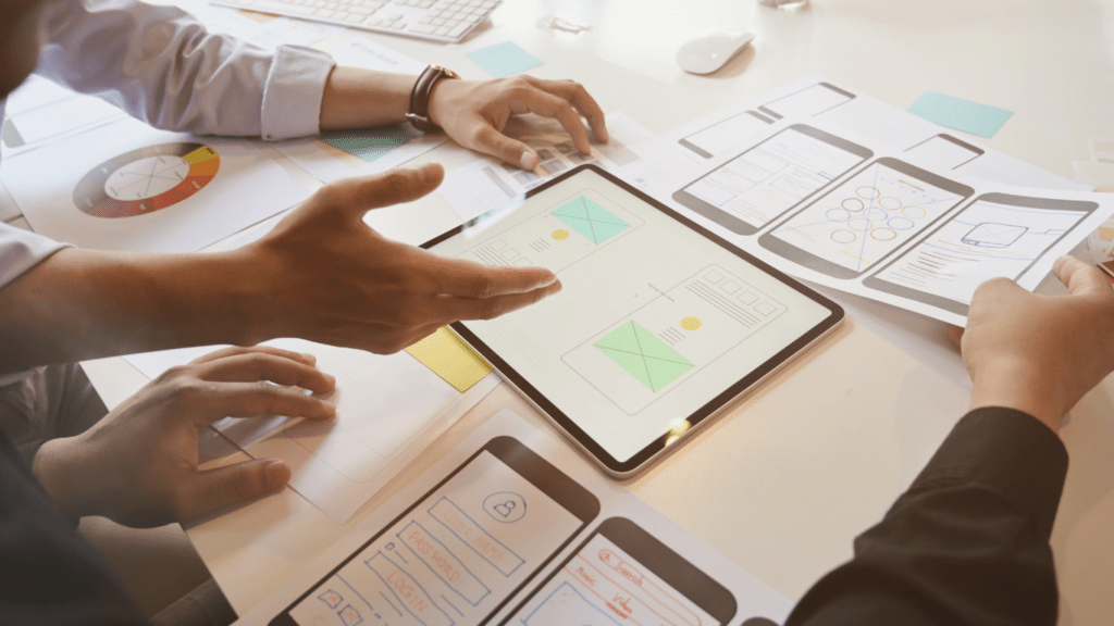 a group of people working on a laptop with sticky notes