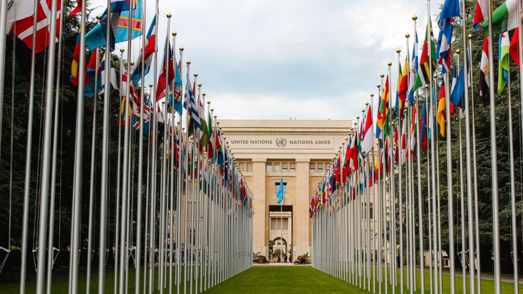 several flags of different countries flying in the wind