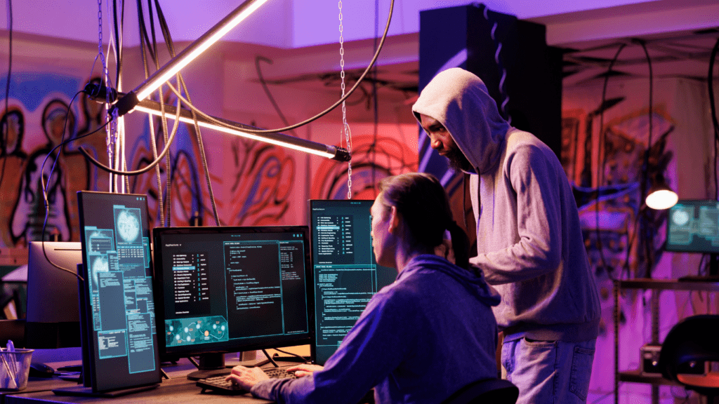 two people working on computers in a dark room